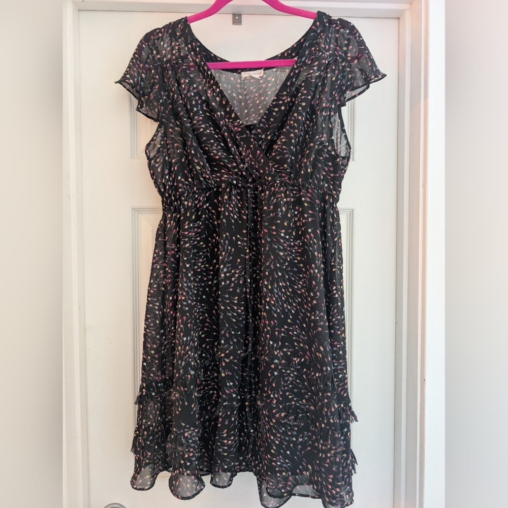 Motherhood Maternity Women Dress Size Large Black Floral Cap Sleeve Tiered Sheer